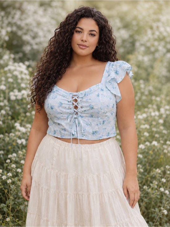 All in Favor Tops - All In Favor Blue Floral Lace Up Crop Corset Top L Cottagecore Ruffle Blouse NWT